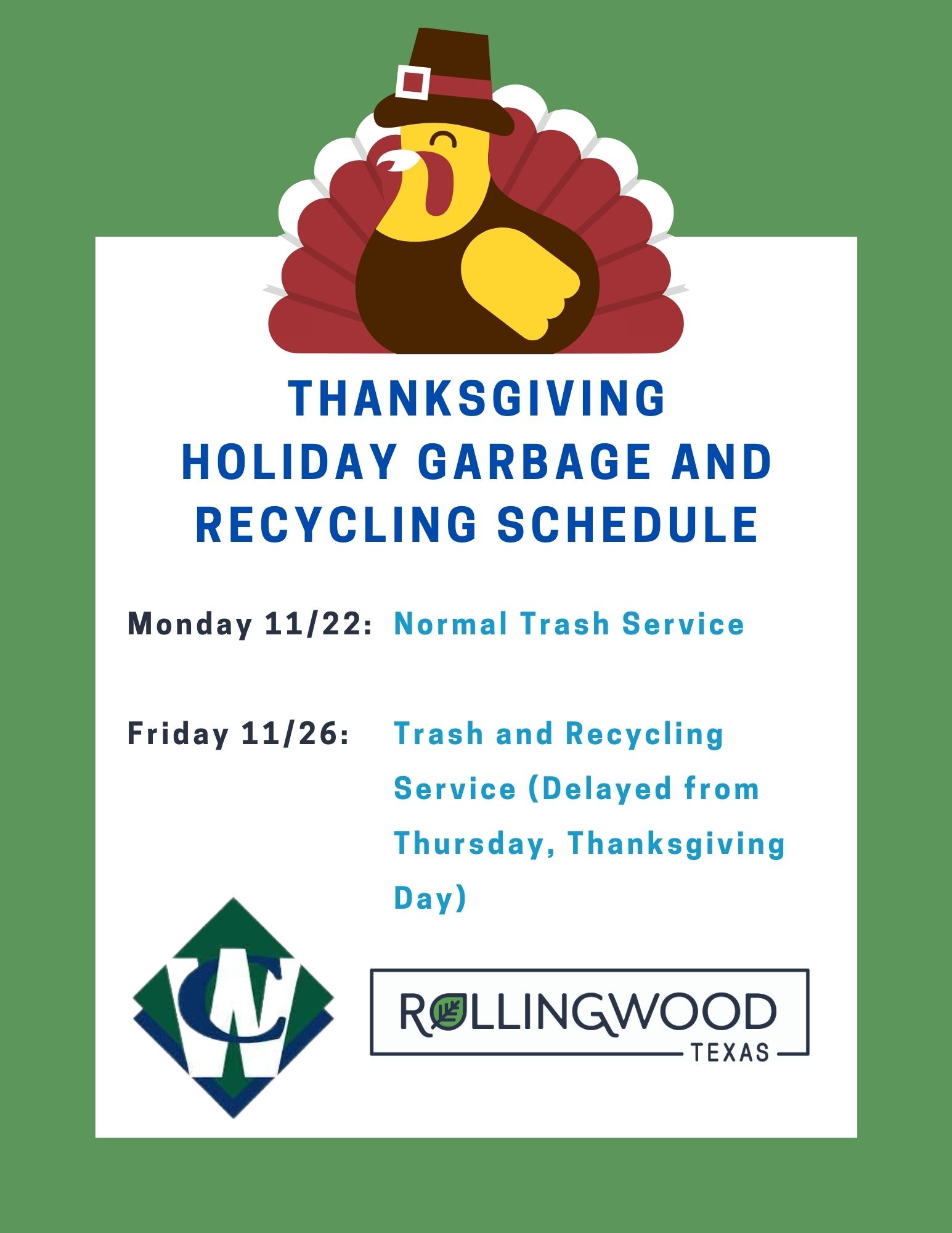 Thanksgiving Holiday Garbage and Recycling Schedule City of Rollingwood Texas